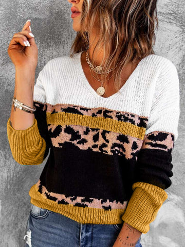 Rippenstrickpullover mit V-Ausschnitt und Leoparden-Farbblock