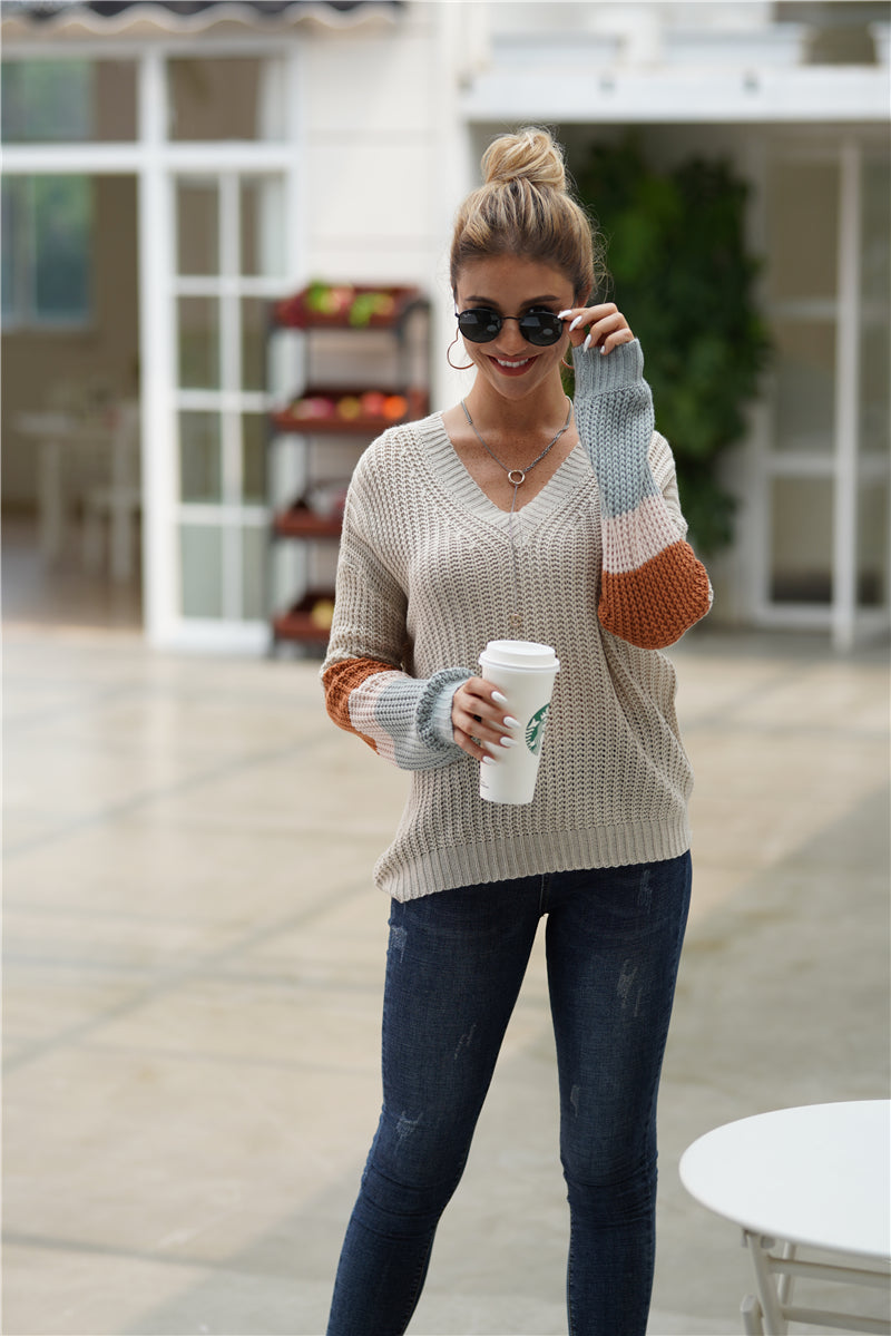 Striped Sleeve Rib-Knit Dropped Shoulder Sweater