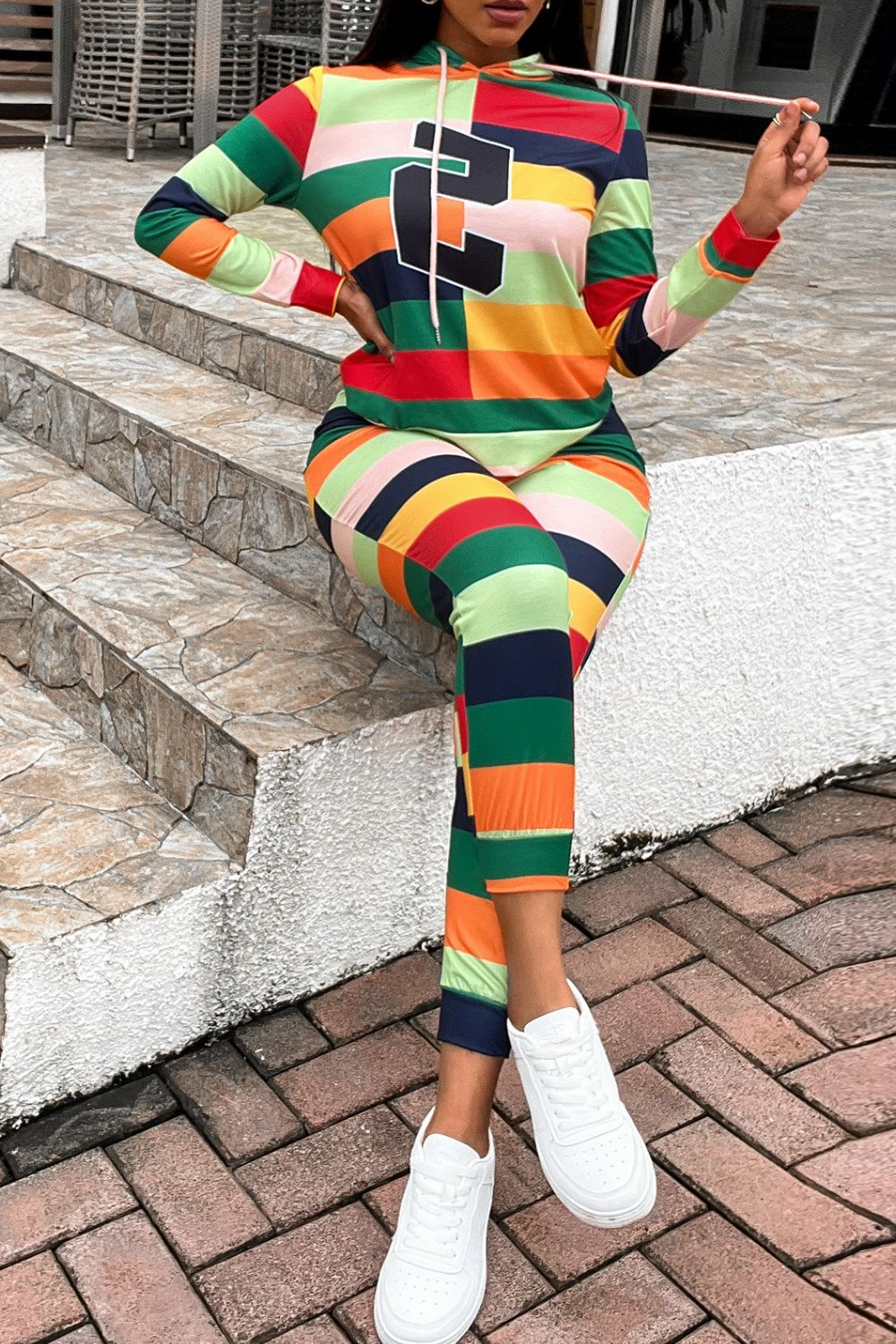 Multicolored Patchwork Drawstring Detail Hoodie and Joggers Set