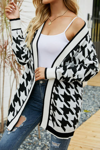 Houndstooth Ribbed Trim Open Front Cardigan