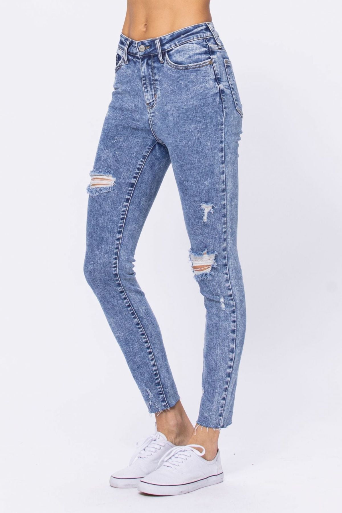 High Rise Acid Wash Destroyed Skinny Jeans