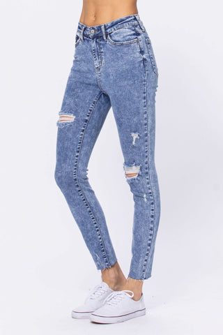 High Rise Acid Wash Destroyed Skinny Jeans