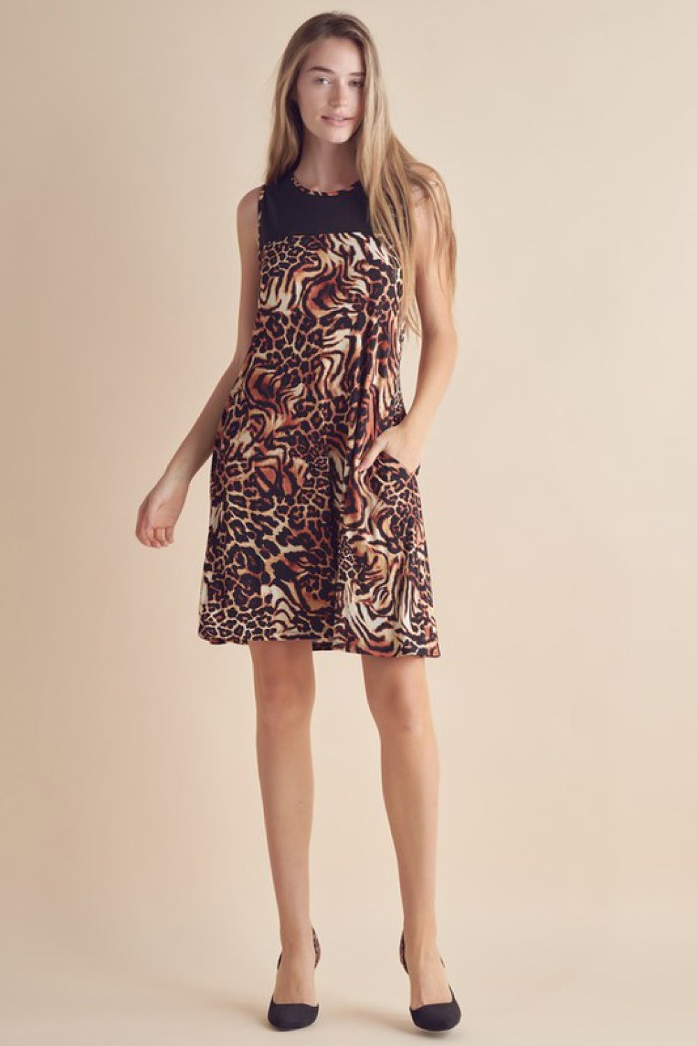 Full Size Animal Print Round Neck Sleeveless Dress with Pockets