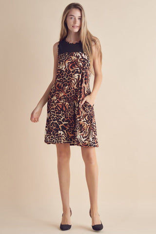 Full Size Animal Print Round Neck Sleeveless Dress with Pockets