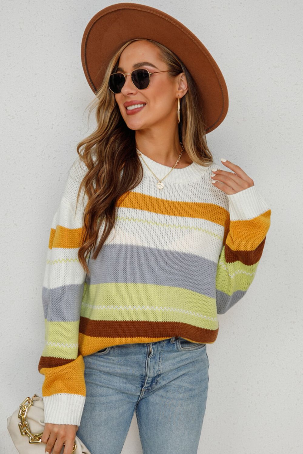 Striped Ribbed  Trim Round Neck Tunic Sweater