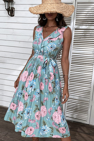 Robe mi-longue plissée sans manches à taille nouée et à imprimé floral