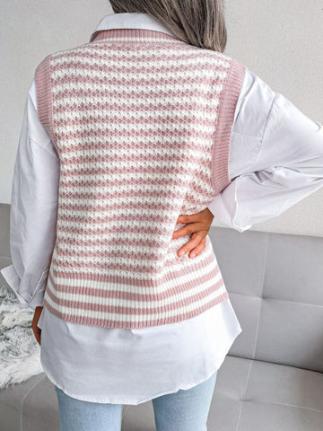 Striped Front Slit Double-Breasted Surplice Sweater Vest