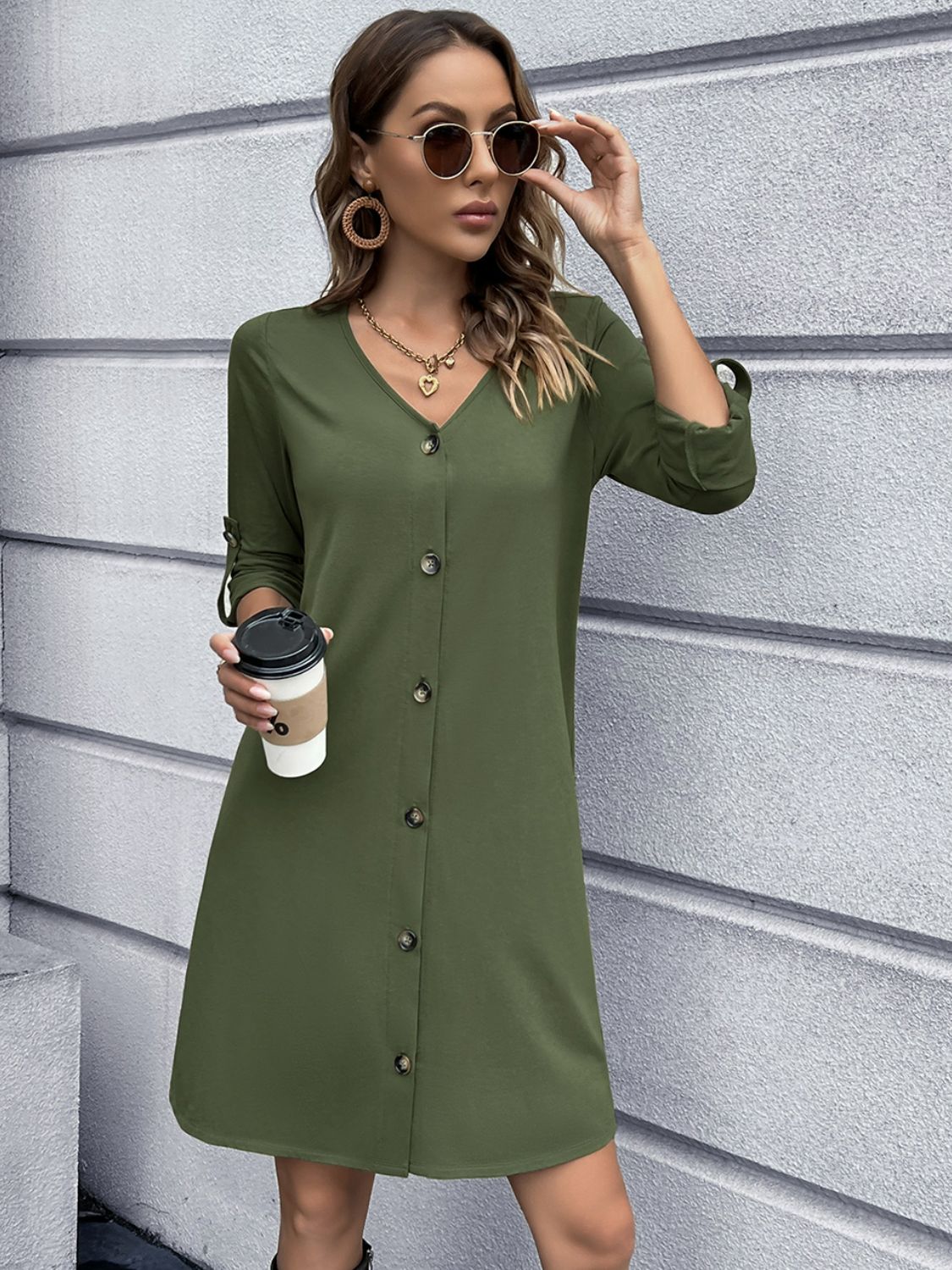 Button Front Roll-Tab Sleeve V-Neck Dress