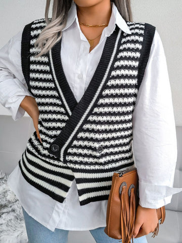 Striped Front Slit Double-Breasted Surplice Sweater Vest