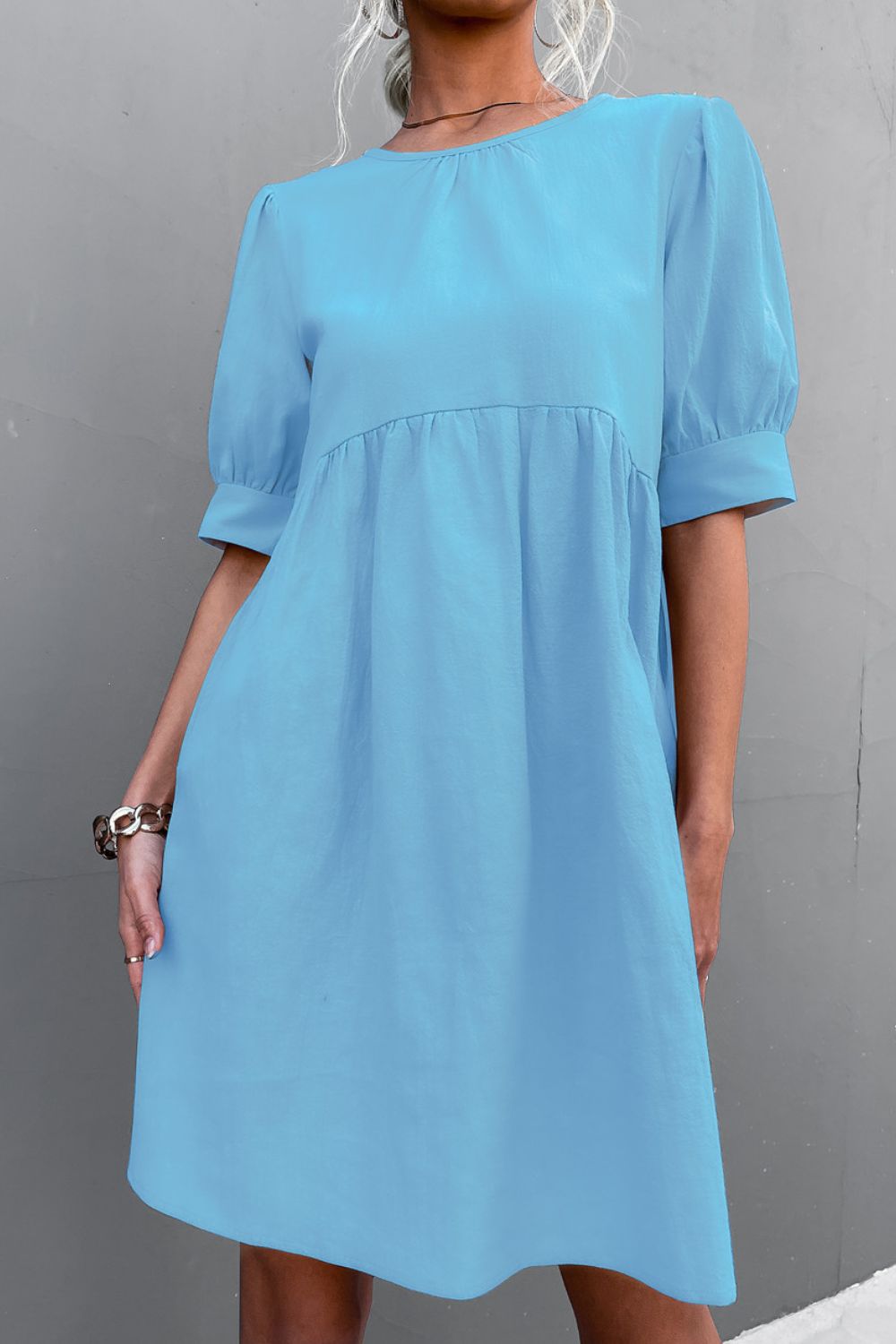 Buttoned Round Neck Puff Sleeve Dress