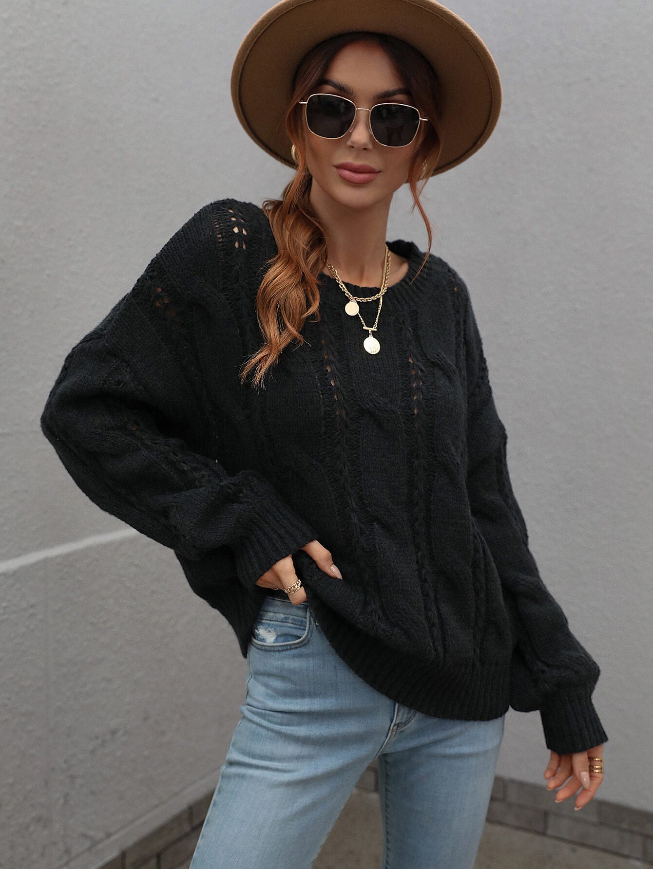 Cable-Knit Openwork Round Neck Sweater