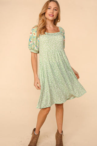 Haptics Full Size Floral Lantern Sleeve Dress with Pockets