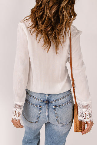 Tassel Tie Spliced Lace V-Neck Top