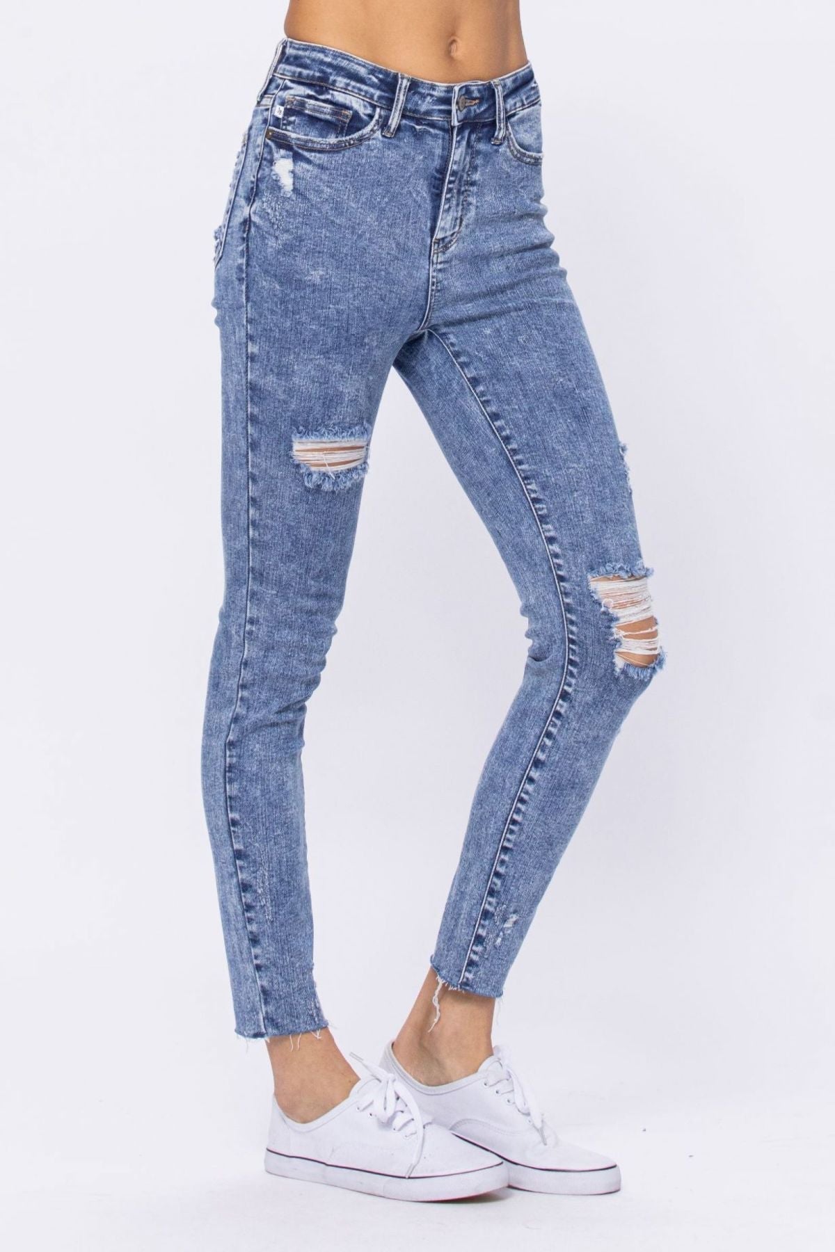 High Rise Acid Wash Destroyed Skinny Jeans