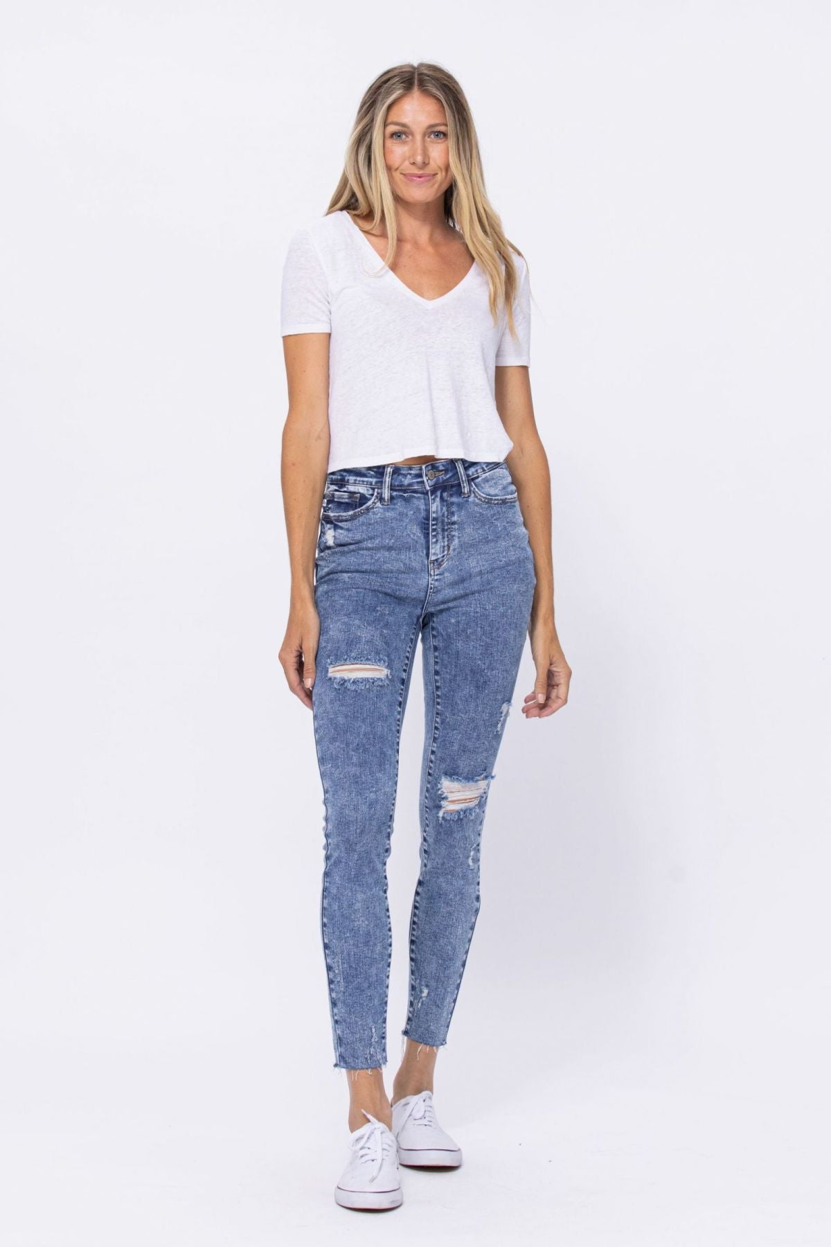 High Rise Acid Wash Destroyed Skinny Jeans