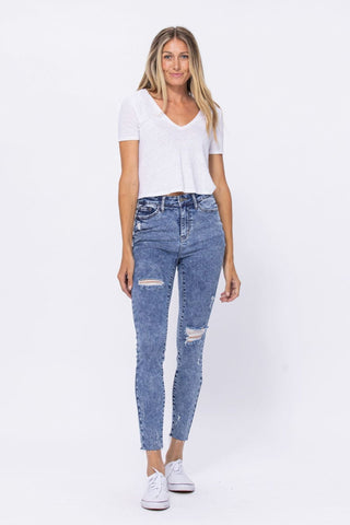 High Rise Acid Wash Destroyed Skinny Jeans
