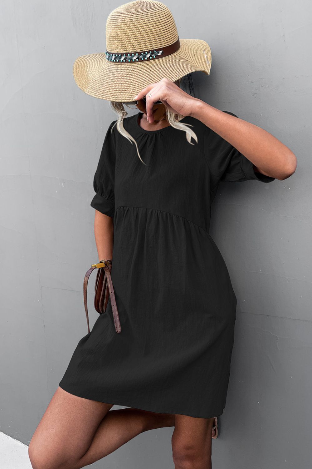 Buttoned Round Neck Puff Sleeve Dress