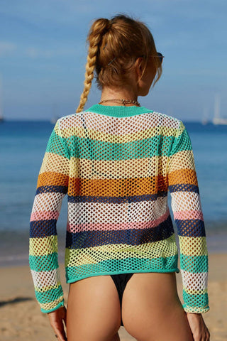 Rainbow Stripe Openwork Long Sleeve Cover Up