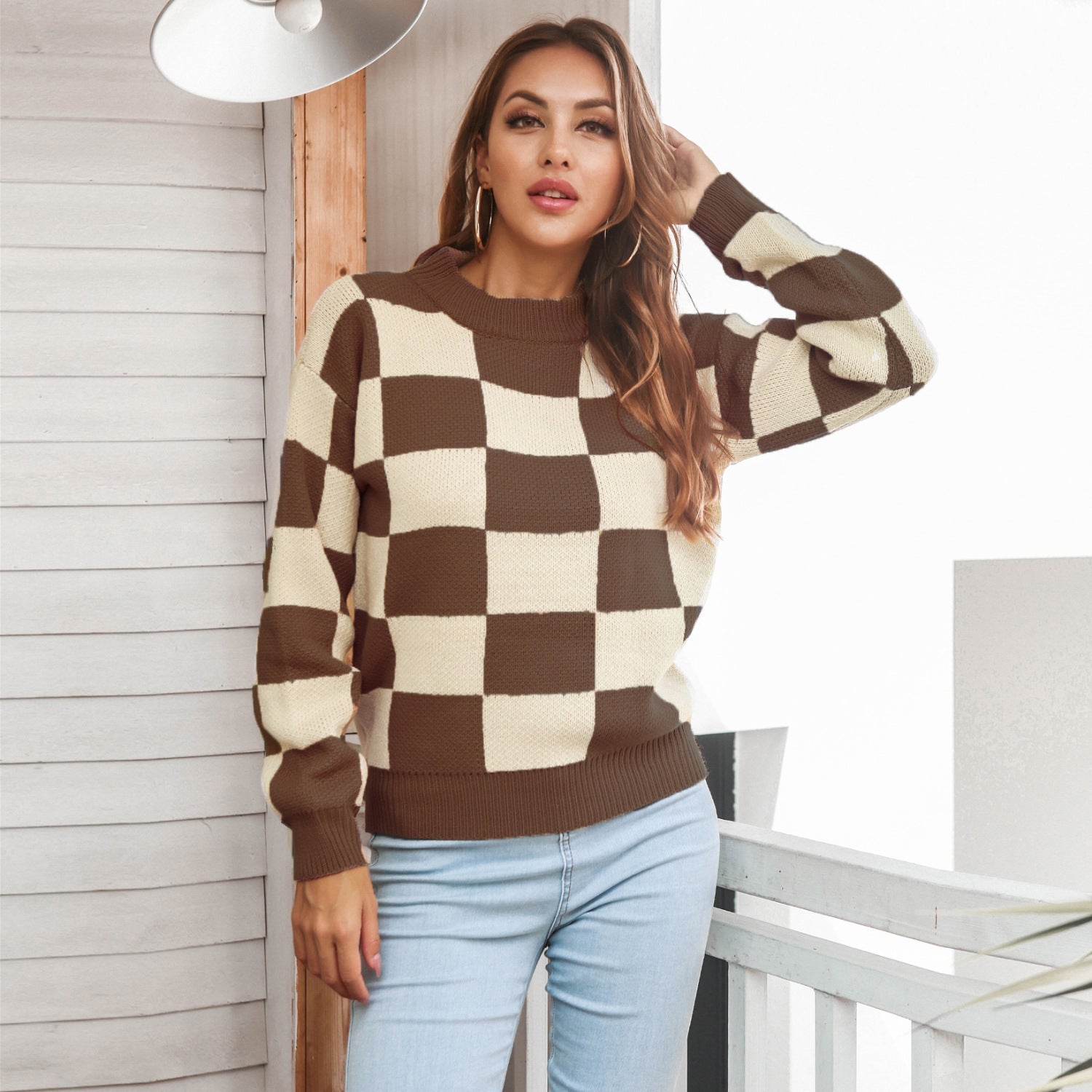 Checkered Two-Tone Dropped Shoulder Crewneck Sweater