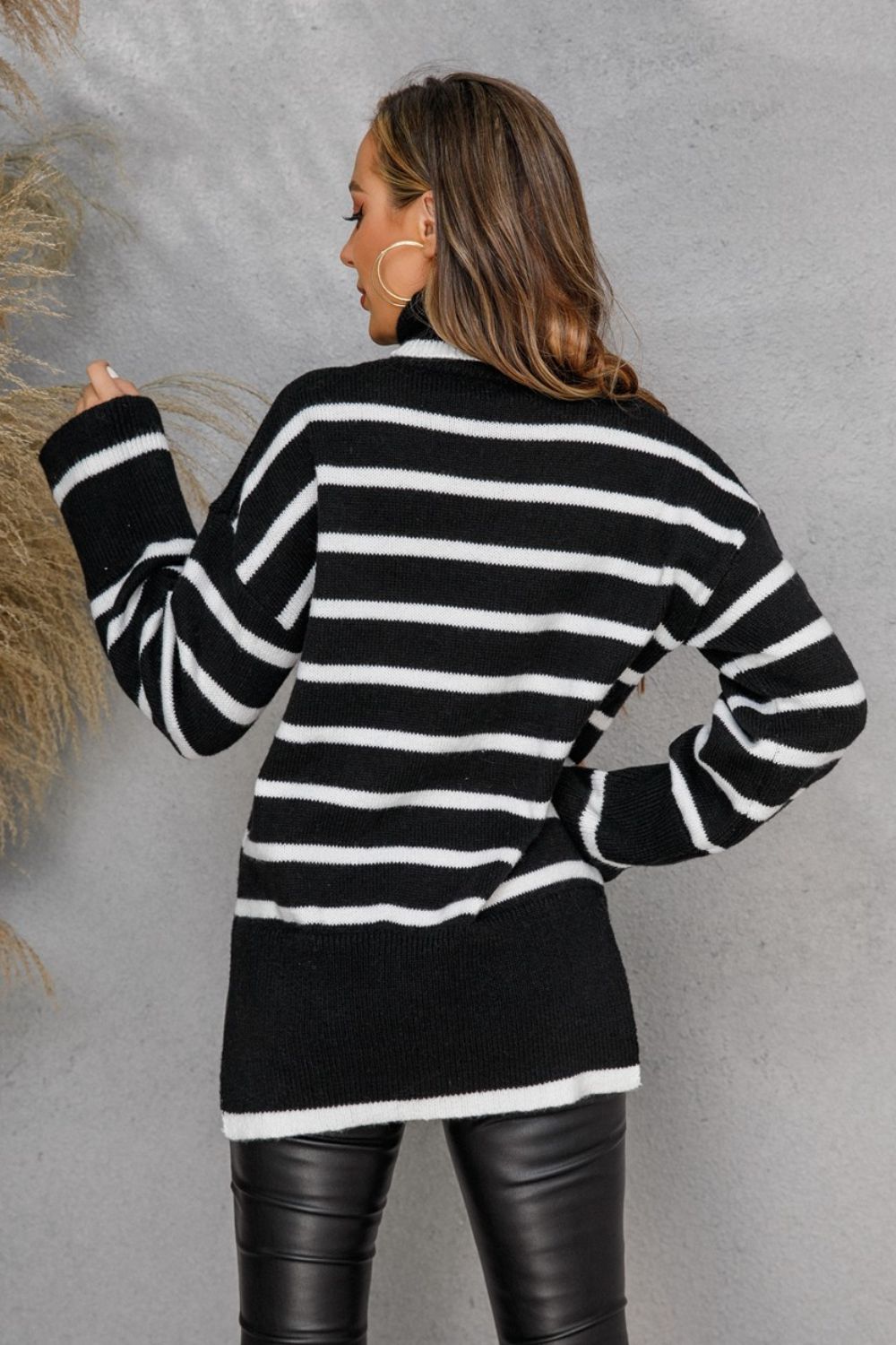 Striped Side Slit Turtleneck Sweater