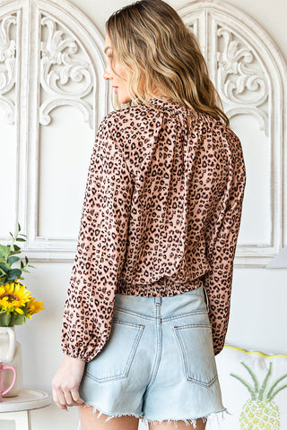 Leopard Smocked Mock Neck Blouse