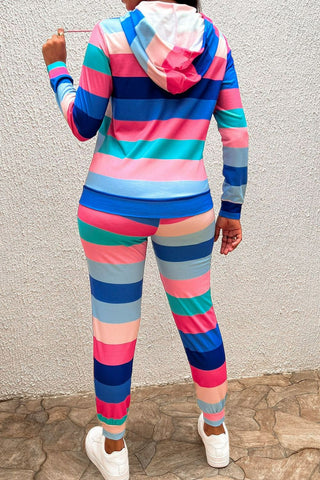 Multicolored Patchwork Drawstring Detail Hoodie and Joggers Set