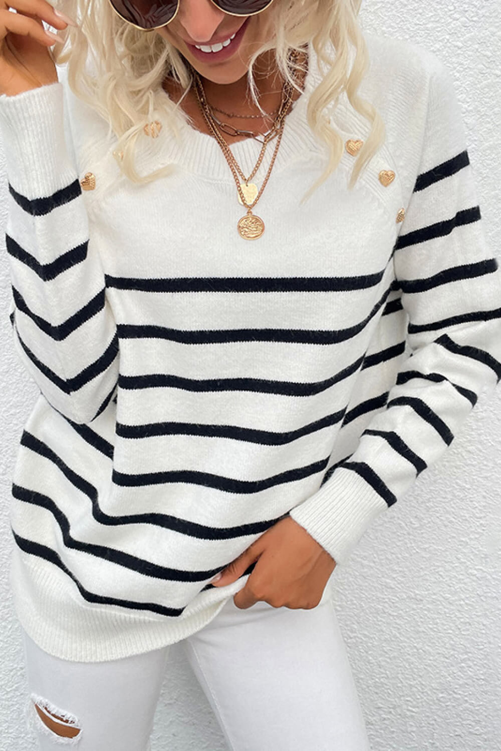 Striped Heart-Shaped Button Round Neck Sweater