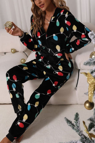 Christmas Zip Up Flannel Hooded Jumpsuit