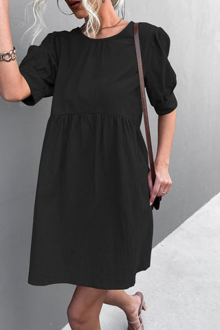 Buttoned Round Neck Puff Sleeve Dress