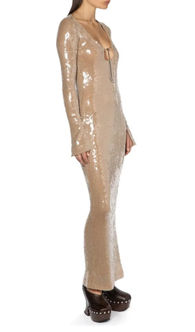 Sequined With Long Sleeves And Backless Dress in Khaki