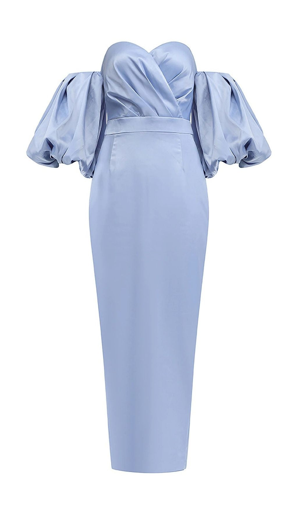 Strapless Puff Sleeves Midi Dress in Blue