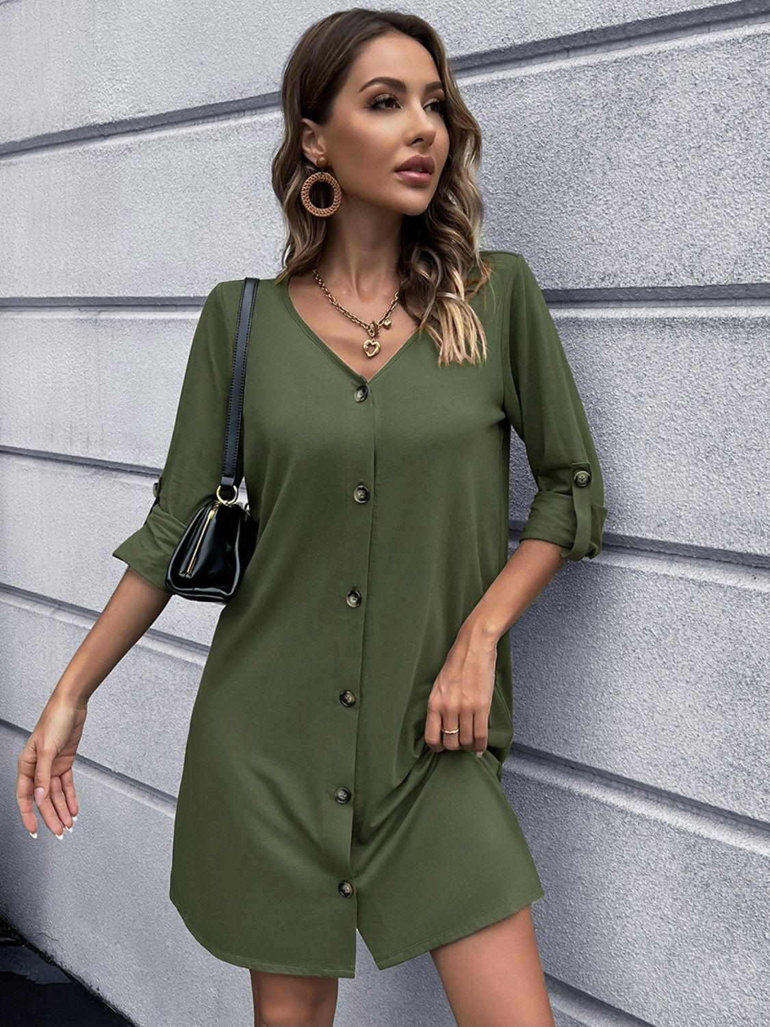 Button Front Roll-Tab Sleeve V-Neck Dress