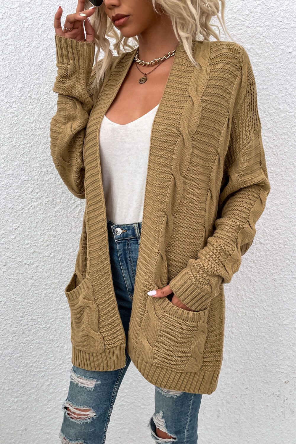 Cable-Knit Open Front Longline Cardigan