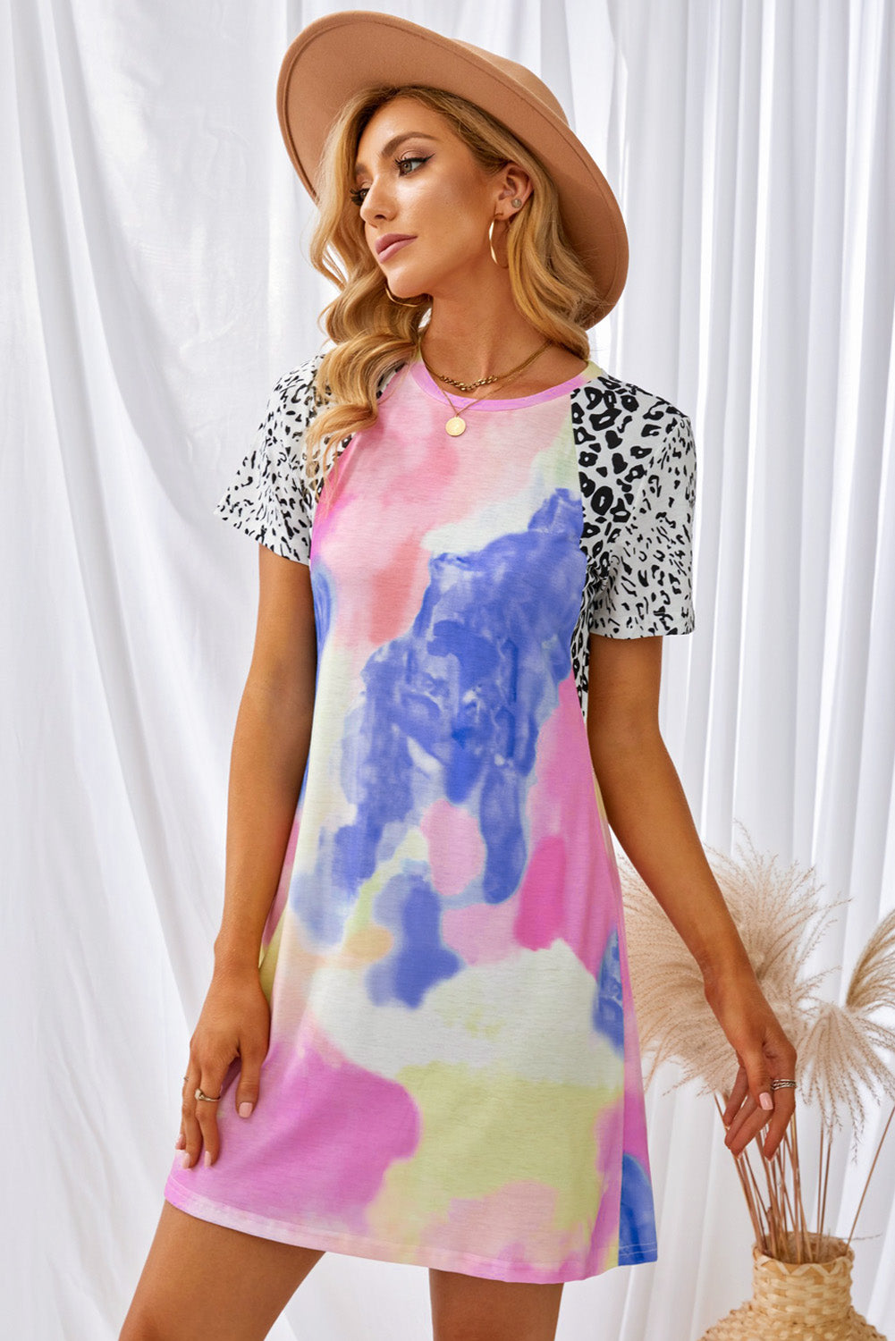 Tie-Dye Leopard Short Raglan Sleeve T-Shirt Dress