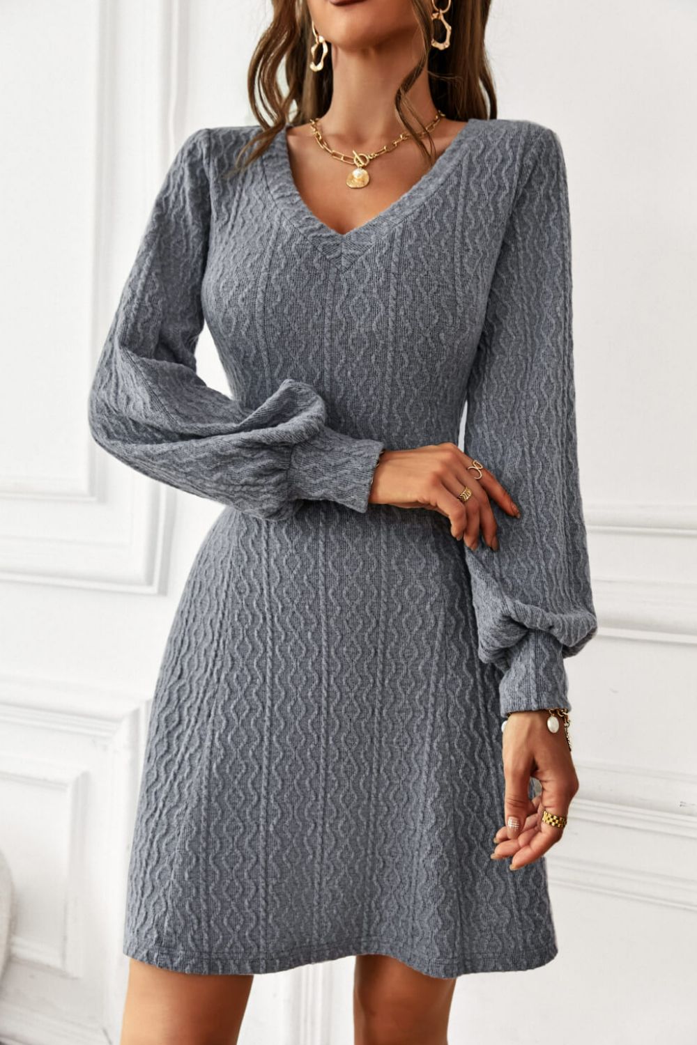 Lantern Sleeve V-Neck Textured Knit Dress