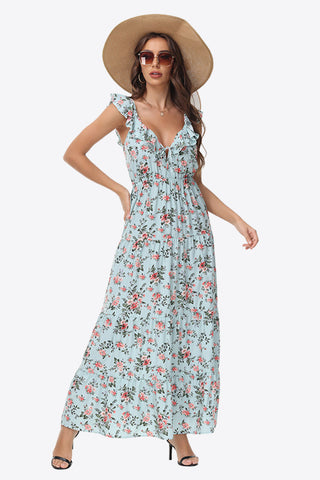 Robe longue fleurie à volants et épaules nouées