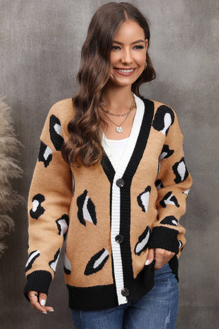 Leopard Ribbed Trim Drop Shoulder Cardigan