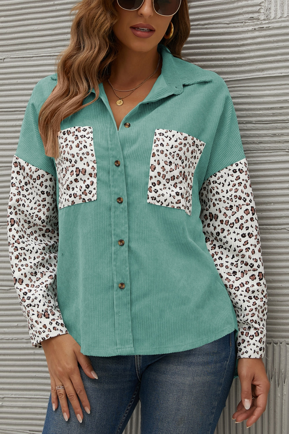 Leopard Splicing Button Front Corduroy Blouse