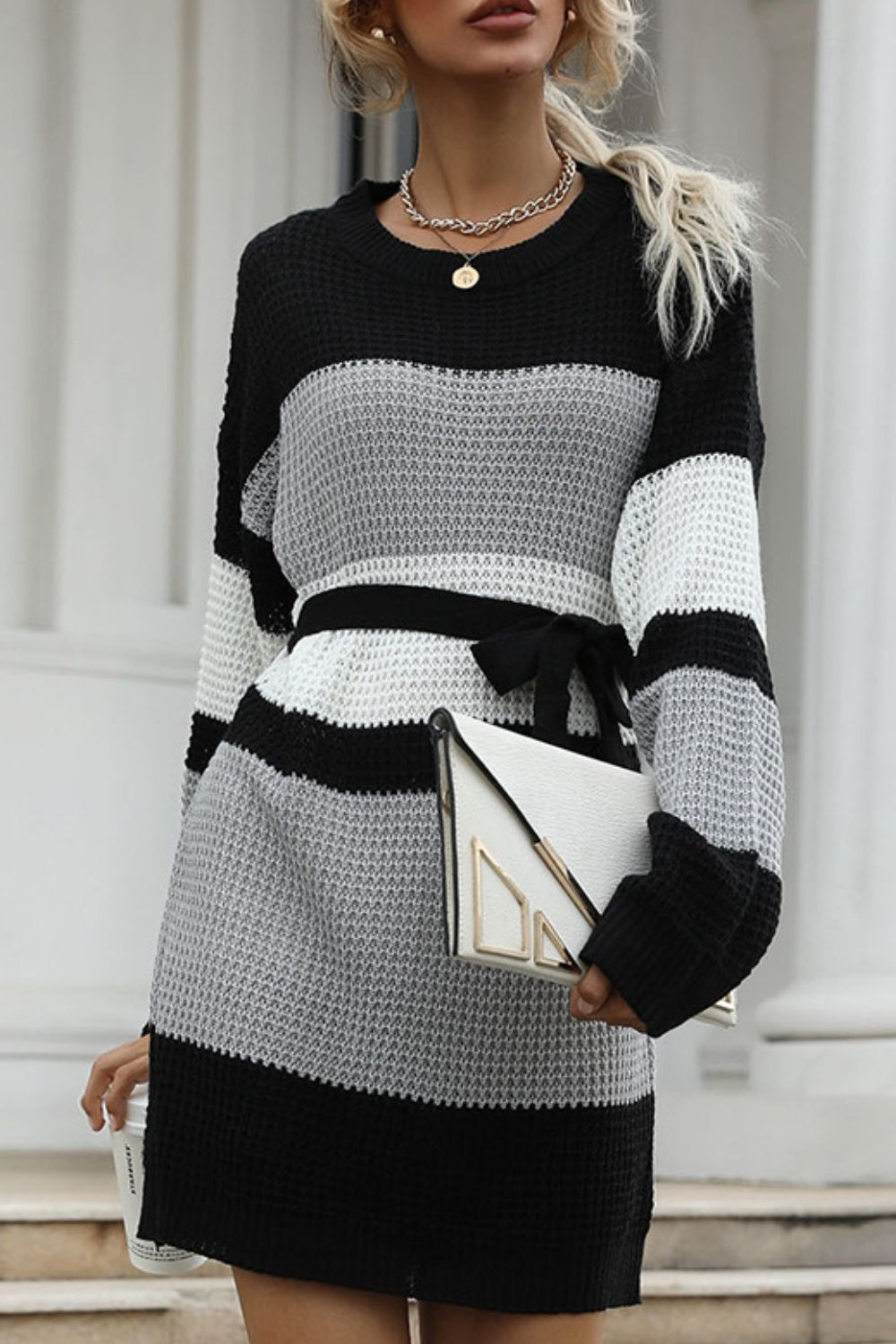 Color Block Belted Round Neck Sweater Dress