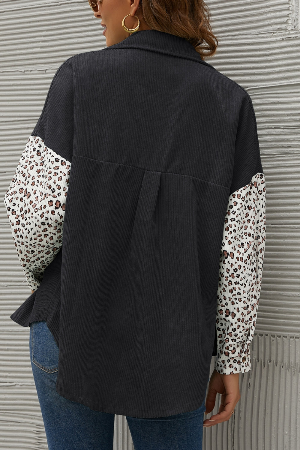 Leopard Splicing Button Front Corduroy Blouse