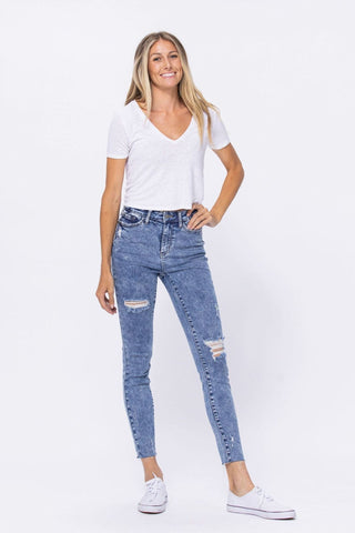 High Rise Acid Wash Destroyed Skinny Jeans