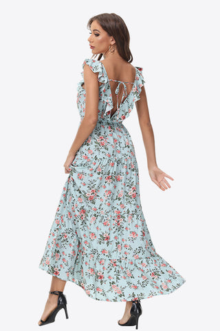 Robe longue fleurie à volants et épaules nouées