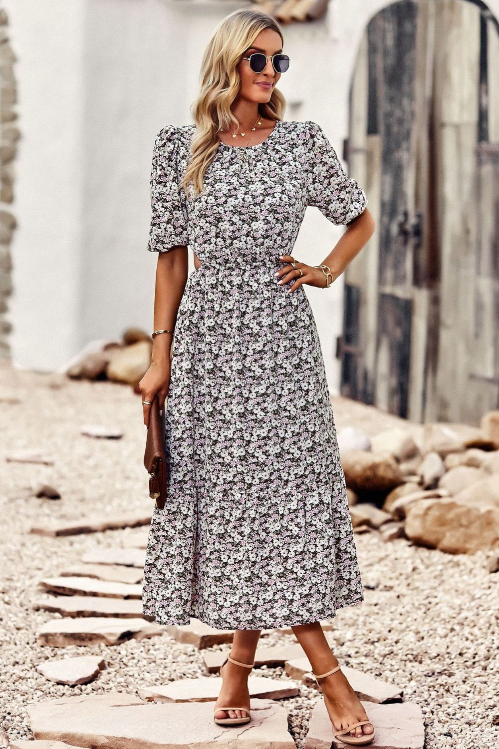 Floral Cutout Puff Sleeve Midi Dress