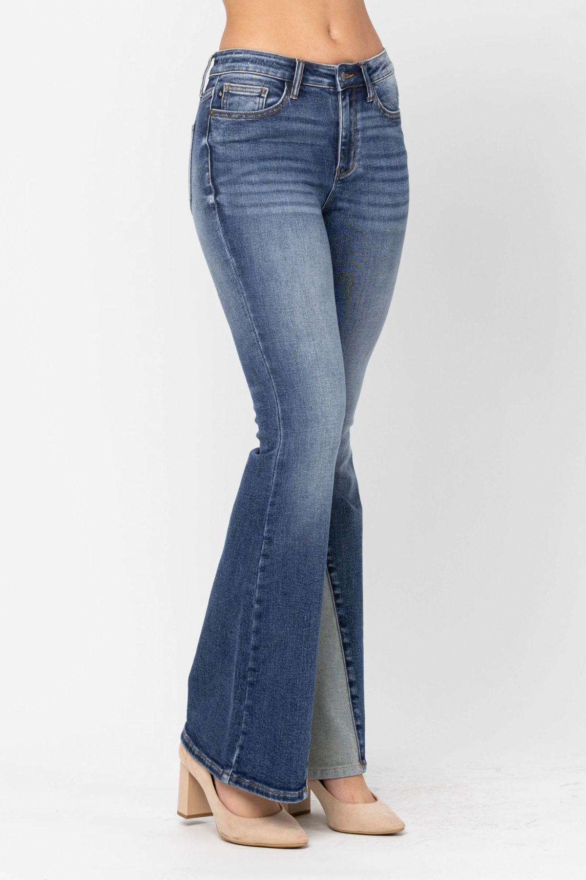 Mid-Rise Two Tone Panel Flare Jeans