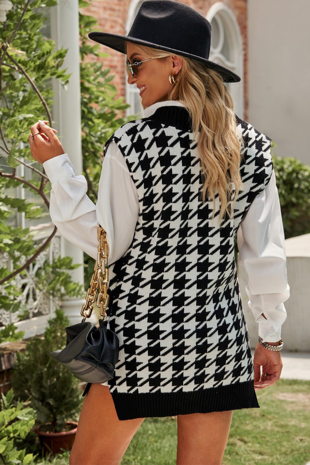 Robe pull côtelée à fente latérale et motif pied-de-poule