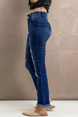 Jeans mit hoher Taille und Used-Look und offenem Saum