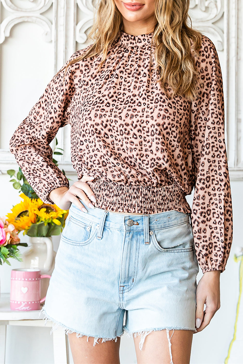 Leopard Smocked Mock Neck Blouse