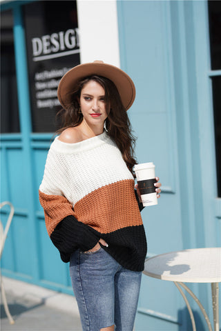 Tricolor Rib-Knit Boat Neck Sweater