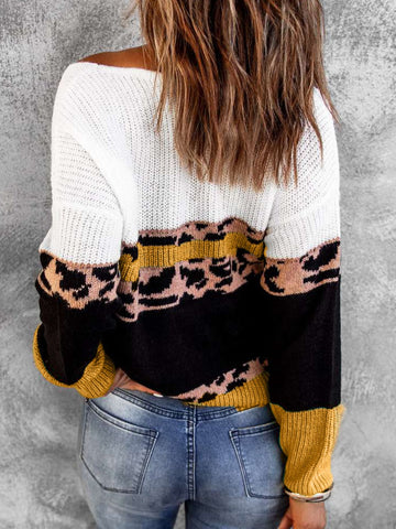 Leopard Color Block V-Neck Rib-Knit Sweater