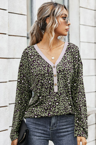 Leopard Buttoned Contrast Trim Top